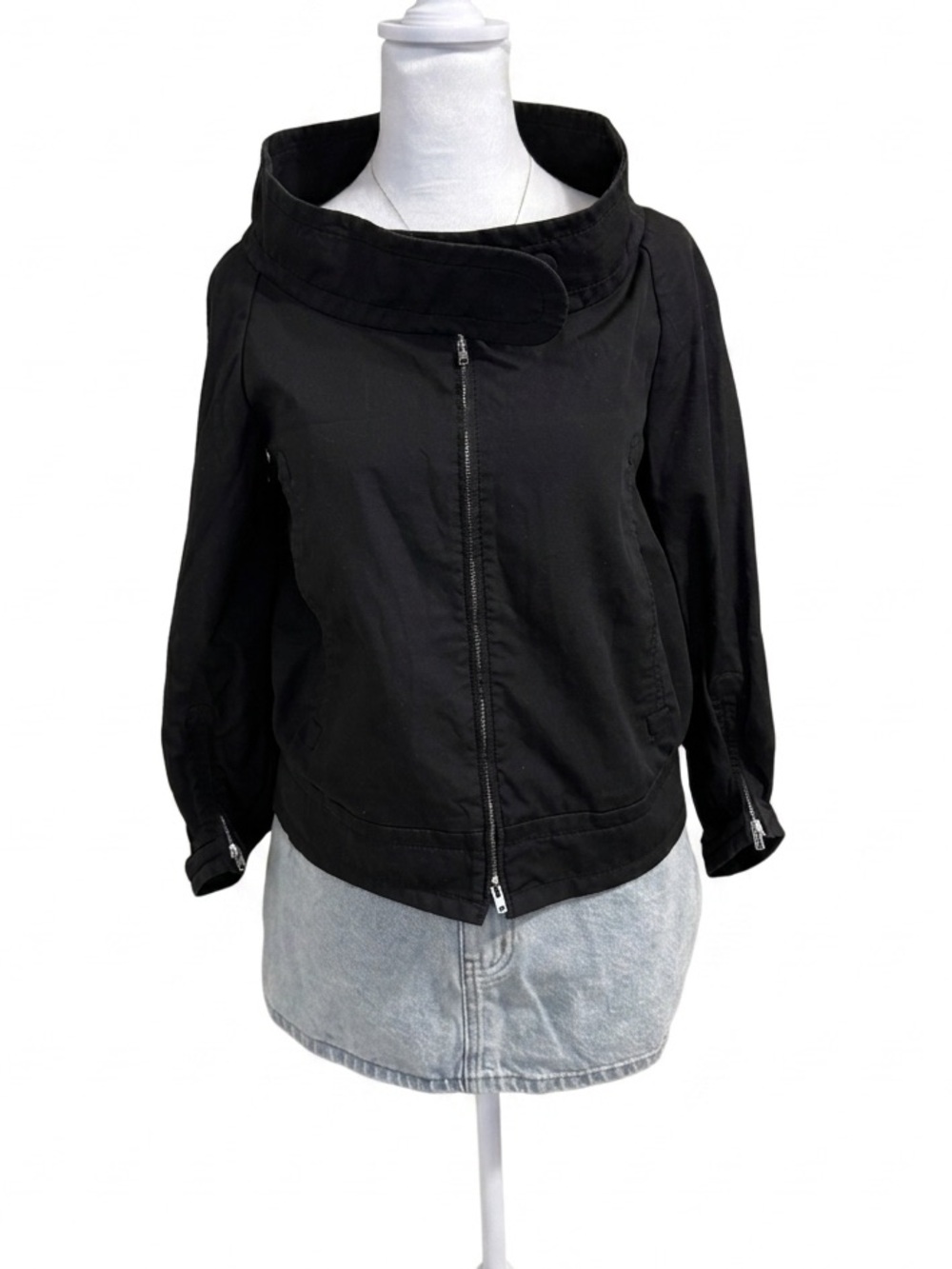 Miu Miu vintage jacket Black Cotton Full-Zip Funnel Neck Moto Jacket - Size 38